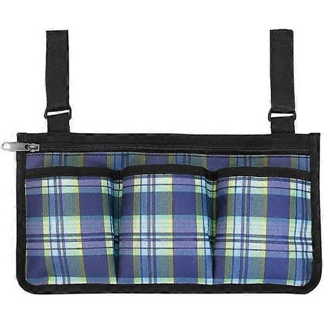 Sac de rangement latéral pour accoudoir de fauteuil roulant, bleu quadrillé. (1/3)