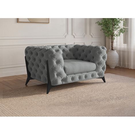 Fauteuil capitonné chesterfield velours gris CARMEN (1/5)