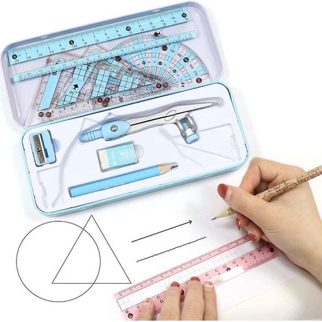 Ensemble de géométrie 8 pièces pour élèves avec boîte de rangement incassable, comprenant une règle, un rapporteur, un compas, un crayon et un taille-crayon. (1/4)