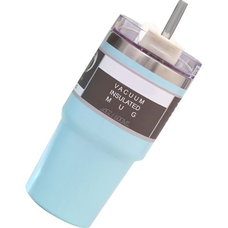 Isolierter Autobecher mit Deckel und Strohhalm, hält Getränke kalt, Edelstahl, blau, 600 ml, ideal für Zuhause und unterwegs. (1/5)