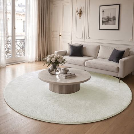 Tapis de salon poils ras doux antiderapant ф200cm uni crème
