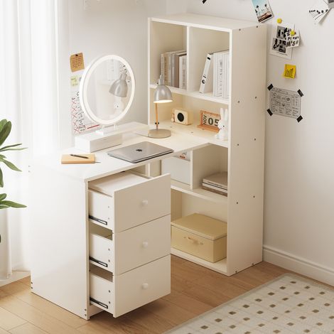 MODFU – Escritorio esquinero 117x63x135 cm de madera blanca con librería de 4 estantes, 3 cajones y ahorra espacio – Blanco (1/5)