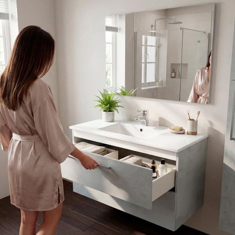 Mobile Mobiletto Bagno Sospeso Con 2 Cassettoni Soft Close Con Lavandino Lavabo In Ceramica Specchio E Led Da 30 Cm Design Moderno Nordico 57 x 80 x 45 Cm Colore Cemento Laccato - Set: Mobile Lavabo e (1/5)