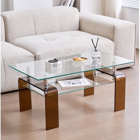 Mesa de centro de vidrio templado de dos niveles, 100 x 55 x 45 cm, pie de vidrio marrón DESVIAE (1/5)
