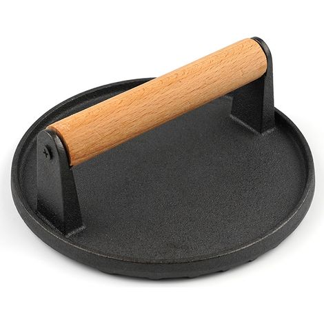 Presse à Viande Ronde en Fonte 14cm, Presse à Bacon avec Poignée en Bois, Outil de Barbecue Antiadhésif (1/5)