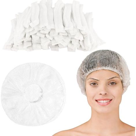 Lot de 100 charlottes jetables en tissu non tissé avec élastique, longueur étirée 53 cm, bonnets de protection pour cuisine, restauration et usage professionnel, blanc (1/5)
