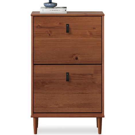 Idimex – Meuble à chaussures compact en pin massif châtaignier – 2 abattants pour 10 paires – Dimensions 96x59x25 cm – Poignées en cuir vintage (1/4)