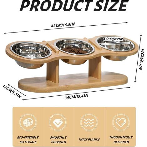 Distributeur de nourriture pour chat et chien avec 3 bols en acier inoxydable sur support en bambou surélevé pour une posture ergonomique