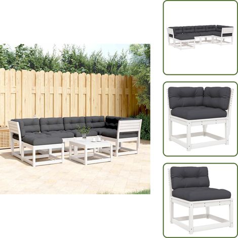 6-tlg. Garten-Sofagarnitur mit Kissen Weiß Massivholz Kiefer - Gartensofas - Gartenmöbeln - Rattan Gartenmöbel - Esszimmergarnitur - Lounge Set (1/5)