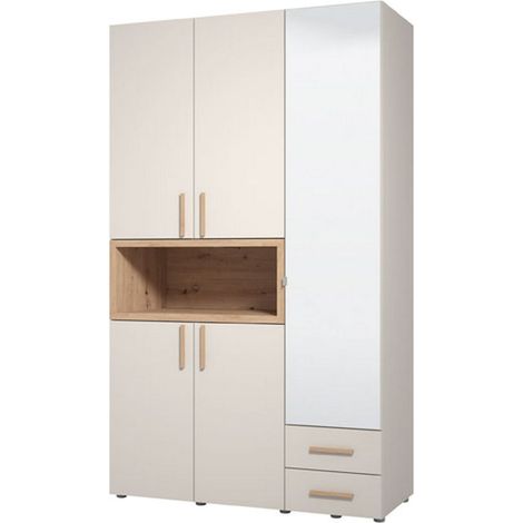 Kleiderschrank mit 3 Türen, Schlafzimmer-Schrank mit Kleiderstange, 2 Schubladen, 6 Regalböden, 135x56 cm Beige