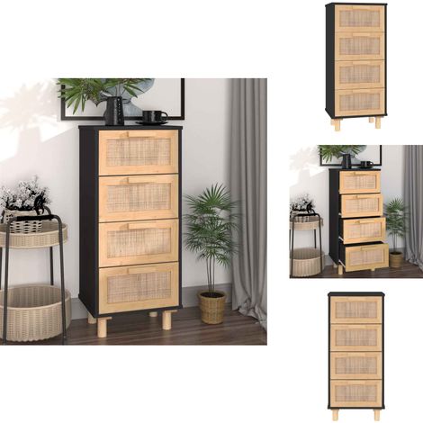 Buffet Noir 40x30x90 cm Bois de pin massif et rotin naturel - Buffet Noir - Meuble Rangement - Commode - Mobilier Salon - Décoration Intérieure