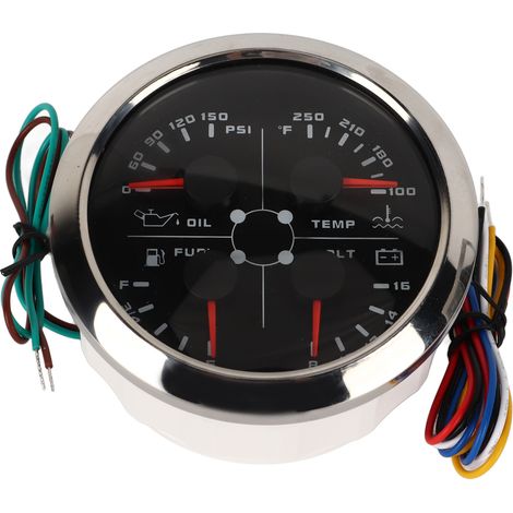 Manomètre multifonction 4 en 1 de 85 mm : niveau de carburant, pression d'huile, température d'eau, voltmètre, alimentation CC 9-32 V, pour voiture, camping-car, bateau, moto, noir et argent, °F/PSI (1/5)