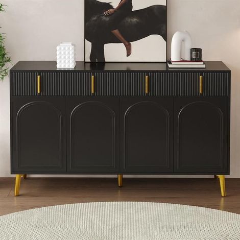 Buffet bas - GUTENT - 4 portes et 4 tiroirs - Noir avec touches dorées - Étagères amovibles - 140x37,8x82 cm
