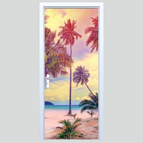 Pegatina de tela para puerta con isla y palmeras 246D