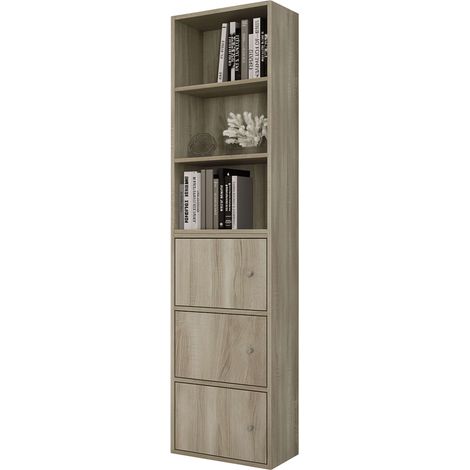 Estantería de Salón Plea, Mueble Organizador Comedor Roble Sonoma 1 armario 3 puertas, 1 estantería 3 niveles Melamina 42x184x29 cm (1/5)