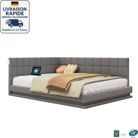 MODFU - Divano letto per adulti 160x200cm, letto imbottito, con LED, presa USB, rete a doghe, velluto, senza materasso, grigio (1/5)