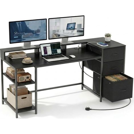 Bureau Ordinateur avec Tiroirs et Prise d'alimentation, 144x50cm Table Gaming avec Support Écran et Étagères, Coin Bureau avec Rangement et Tiroir Classeur, Table Informatique, Noir (1/5)