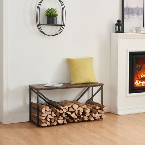 Soporte para leña Vaasa con estante (banco) acero y aglomerado 50 x 100 x 30 cm - Negro y Efecto madera oscura [en.casa] (1/5)