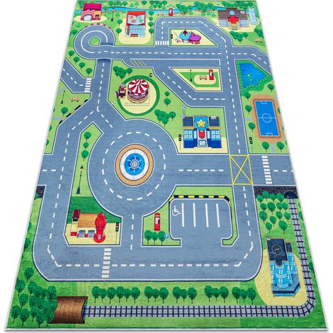 BAMBINO 9028 Waschteppich Stadt, Straßen für Kinder Anti-Rutsch - grün / grau  green 80x150 cm