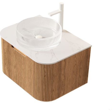 Meuble-lavabo de salle de bains suspendu de 61 cm avec vasque ronde transparente en verre, plan de travail blanc Carrara, meuble en contreplaqué rayé à bords arrondis avec tiroir, préassemblé, finitio (1/5)