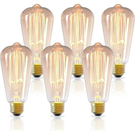 Lot de 6 ampoules E27 vintage Edison E27 ST64 en verre ambré rétro à l'ancienne à intensité variable décoratives ampoules à filament en spirale 40 W 2300 K lumière blanche chaude idéales pour la maiso