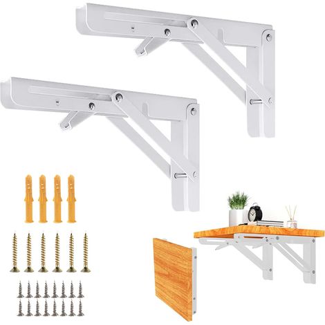 Lot de 2 consoles pliantes de Charge lourde Charnière pliante Support d'étagère pliable Supports d'étagère robustes Pour la maison et la cuisine Montage blanc 200mm (1/5)