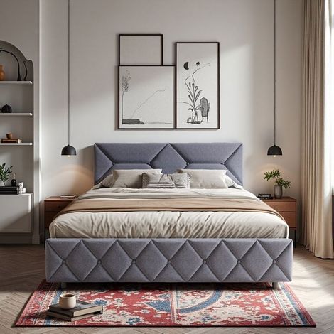 Cama Cofre Doble 140x200 - Lino Natural - Cajones Silenciosos - Cabezal Ajustable USB-C - Diseño Moderno-Gris