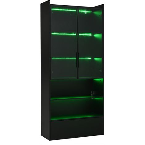 Vitrine noire en MDF avec 1 tiroir, portes vitrées et éclairage LED, 80x34x180 cm (1/5)