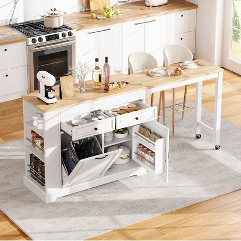 Îlot de cuisine mobile 112-180x45x92 cm avec plateau extensible, rangement et roulettes, MDF blanc naturel (1/5)