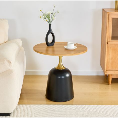 Mesa auxiliar redonda 60x60x58 cm efecto madera, pie metálico, estilo nórdico MEUBLIV (1/5)