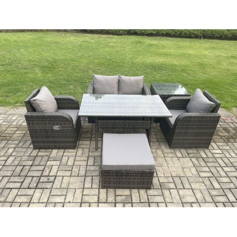 Fimous Outdoor Rattan Garden Furniture Lounge Sofa Set With Oblong Rectangular Dining Table 2 PC Reclining Chair Side Table Big Footstool (1/5)