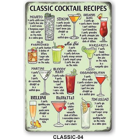 2 Pcs Vintage Bar Metal Sign (classic) Iron Classic Cocktail Recipe And Shot Menu Sign, Vintage Decor Durable Vintage Metal Poster For Mural Caf B (1/5)