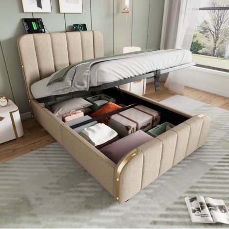 Letto singolo imbottito 90x200 cm beige in lino, con testiera USB/Type-C, vano contenitore idraulico e materasso (1/5)