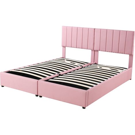 Letto contenitore capitonné 180x200 cm con sollevamento idraulico, lino, rosa, HOMVRA (1/5)