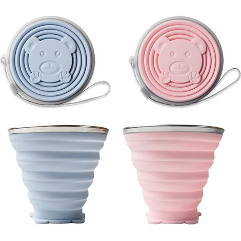 Lot de 2 gobelets pliables en silicone, sans BPA, pour vos voyages (bleu + rose) (1/5)
