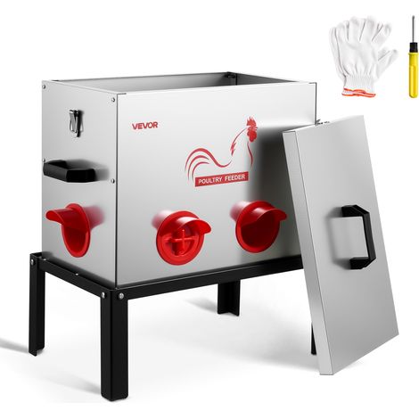 VEVOR Distributore per Pollame Galline Capacita 18,14 kg, 6 Porte di Alimentazione, Senza Sprechi Gravita Automatica, con Altezza Regolabile e Coperchio di Bloccaggio, Struttura in Metallo
