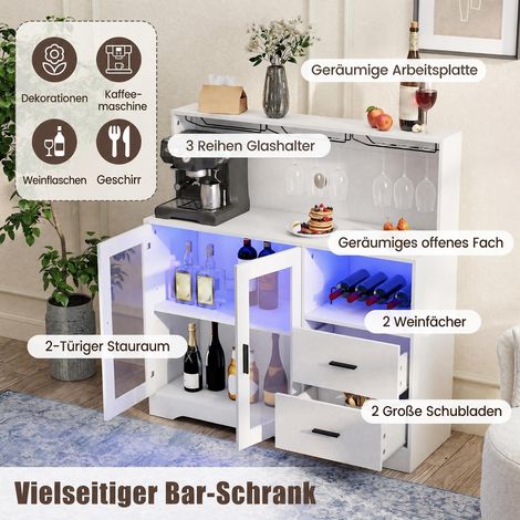 Meuble bar blanc 120 x 40 x 115,5 cm avec rangements ouverts, éclairage LED RGB et prises, pour cuisine, salle à manger et salon (1/5)