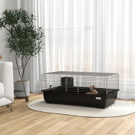 Cage à lapin 2 portes plateau amovible métal plastique PP - Dimensions: 100x55x41 cm - Couleur: Noir, Argent