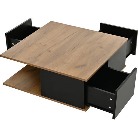Table basse carrée 70 x 70 x 31,5 cm avec 3 tiroirs noir et bois original (1/5)