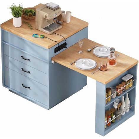 ELVMI Kücheninsel Ausziehbar mit Schubladen, Regalen, LED und USB-Anschlüssen, für Küche, MDF, 125.5 x 71 x 93 cm, Blau (1/5)