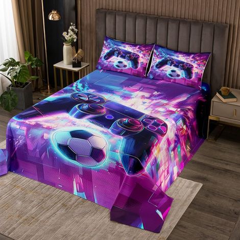 Jeu Couvre-Lit 260x240 Console de Jeu Géométrique Enfants Dessus de Lit Garçons,Jeu de Football Couverture Set 3D Néon Cube Football Quilting,Décoration de Salle de Jeux pour Garçons - 260x240cm (1/5)