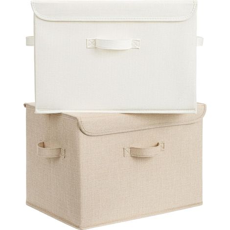Boîtes de Rangement en Tissu avec Couvercles, Lot de 2 Boîtes de Rangement Décoratives avec Couvercles, 1 Blanc 1 Kaki Boîtes pour L'Organisation de L'Armoire, Storage Boxes for Shelf (1/5)