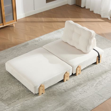 Poltrona reclinabile trasformabile e pieghevole, 90x86x84 cm, zona letto 90x170 cm, con gambe in legno, in velluto a coste beige (1/5)