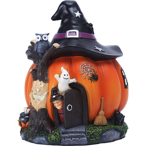 Statue de Citrouille Sorcière Lumineuse en Résine - Décoration de Fête Halloween, Idée Cadeau et Ornement de Bureau