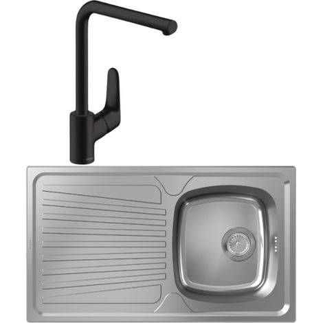 Fregadero de 1 seno de acero inoxidable HANSGROHE S21 + grifo de cocina HANSGROHE Focus M41 280 negro mate (1/4)