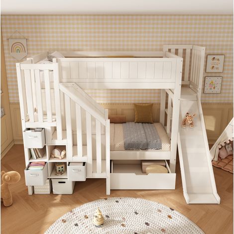 DESVIAE Lit superposé enfant 90 x 200 cm avec toboggan armoire échelle étagère tiroirs blanc bois (1/5)