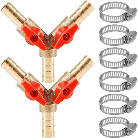 Lot de 2 raccords de tuyau 3 voies en laiton avec robinet à boisseau sphérique - Valve en Y pour raccords de tuyau, air, eau, gaz - Vanne d'arrêt avec 6 colliers de serrage pour jardin, atelier (1/5)