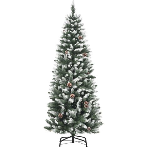 Árbol de Navidad cubierto de nieve de 150 cm con 464 ramas y 28 piñas, de plástico y metal, verde y blanco. (1/5)