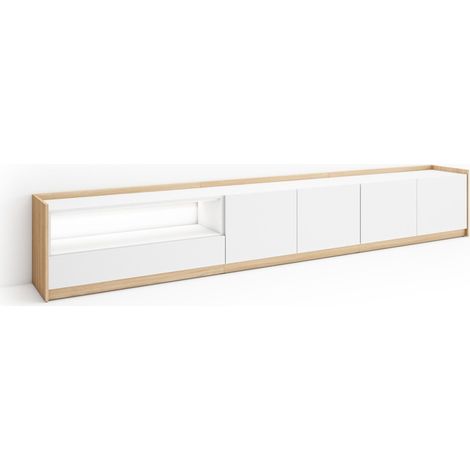 Skraut Home - Mueble TV, Televisión, Muebles de salón, almacenaje, 310x37x50cm, Para TV hasta 80", LED, Estilo Moderno, Blanco y roble soft (1/5)