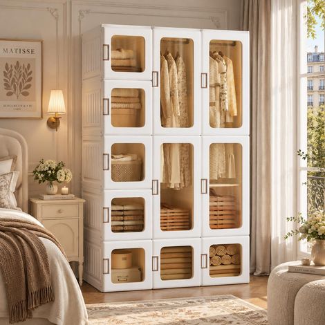 Armoire pliante 104×50×170 cm – portes transparentes – 12 casiers – 3 penderies - petits espaces (1/5)